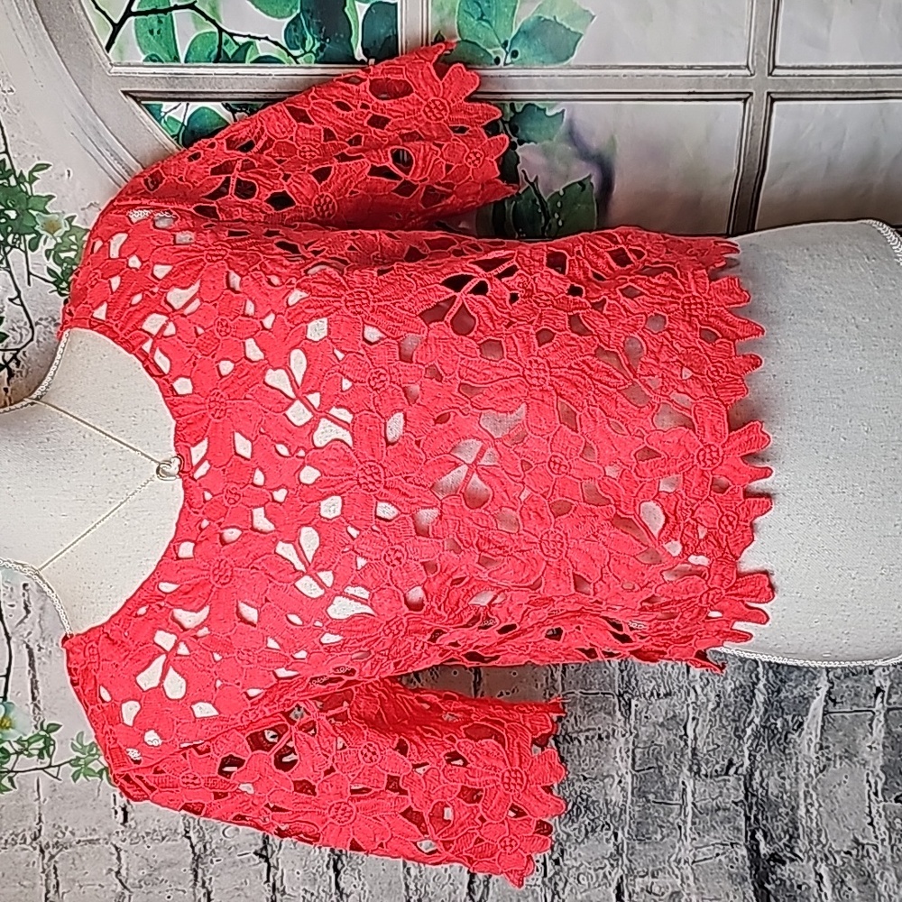 NWOT ASTR THE LABLE CORAL SHORT SLEEVE LACE CROP TOP
